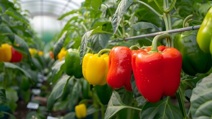 Red, yellow, and green bell peppers growing in a greenhouse.