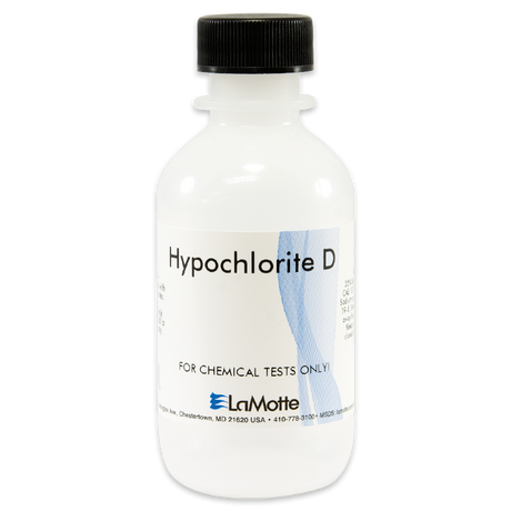 Bottle of Hypochlorite D for chemical tests, labeled with usage instructions.