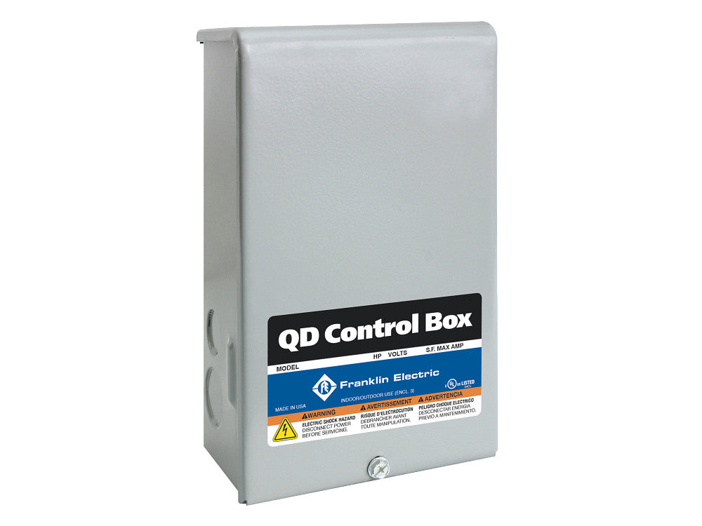 QD Control Box by Franklin Electric, metallic enclosure with warning label.