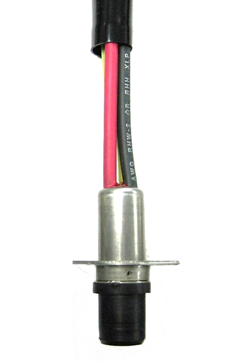 Connector with metal housing and colored wires.
