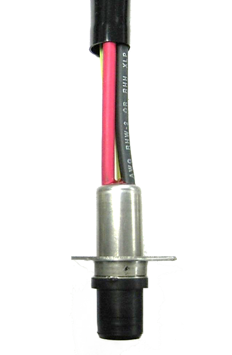 Connector with metal housing and colored wires.