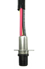 Connector with metal housing and colored wires.