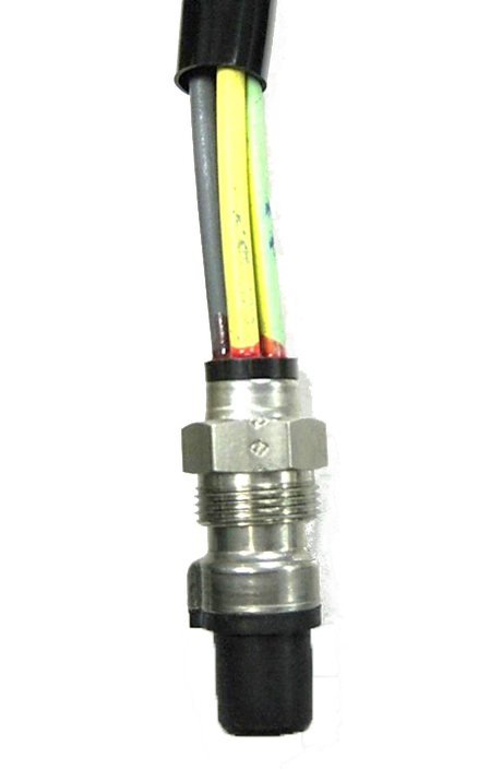 Metal connector with multiple colored wires.