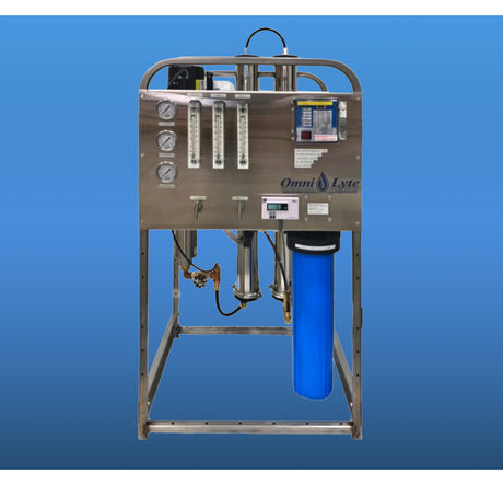 Product photo of an Omni Lyte water purification system with gauges and a blue filter.