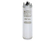 Electric motor capacitor with a silver metal casing and label.