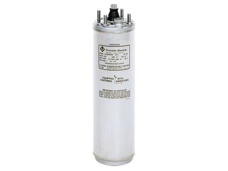Electric motor capacitor with a silver metal casing and label.