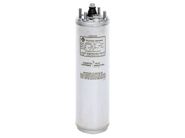Electric motor capacitor with a silver metal casing and label.