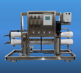 Water filtration system with stainless steel frame and control panel.