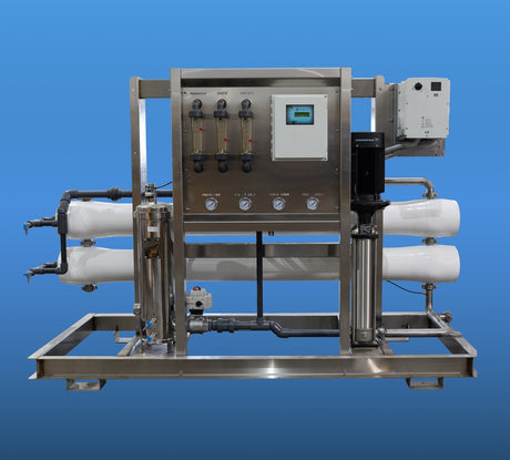 Water filtration system with stainless steel frame and control panel.