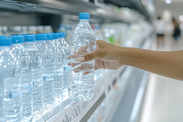 A person reaching for a plastic water bottle from a shelf with multiple bottles in the background.