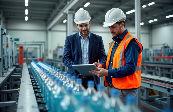 Two professionals, one in a suit and one in safety gear, reviewing data on a tablet in a factory with bottles in the foreground.