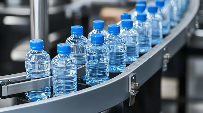 Bottled water with blue caps on a conveyor belt.