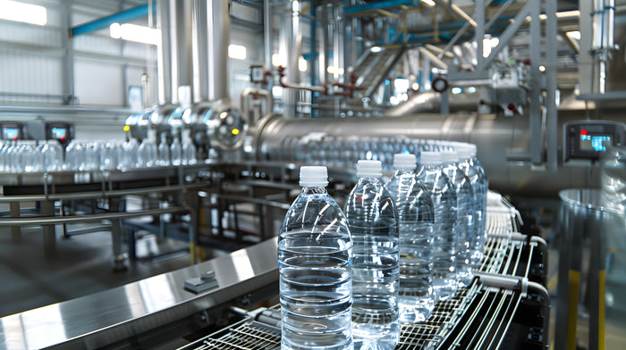 Water bottles on a production line in a factory setting.