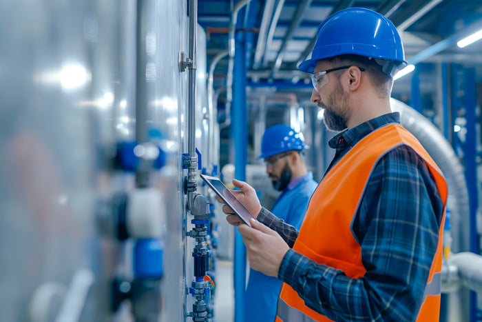 Two workers in safety gear interacting with equipment in an industrial setting.