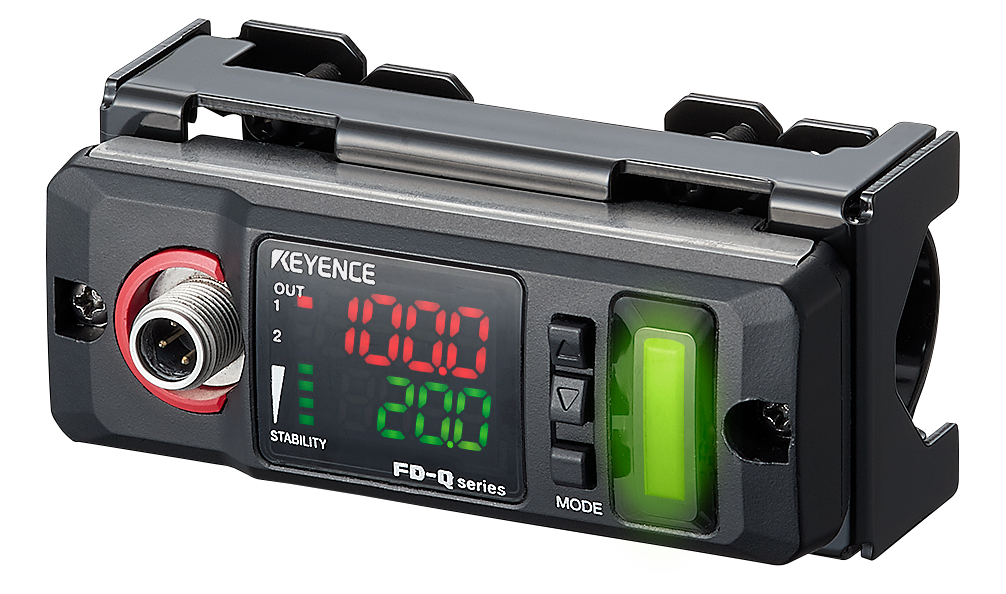 Digital display module from KEYENCE with adjustable settings and indicators.