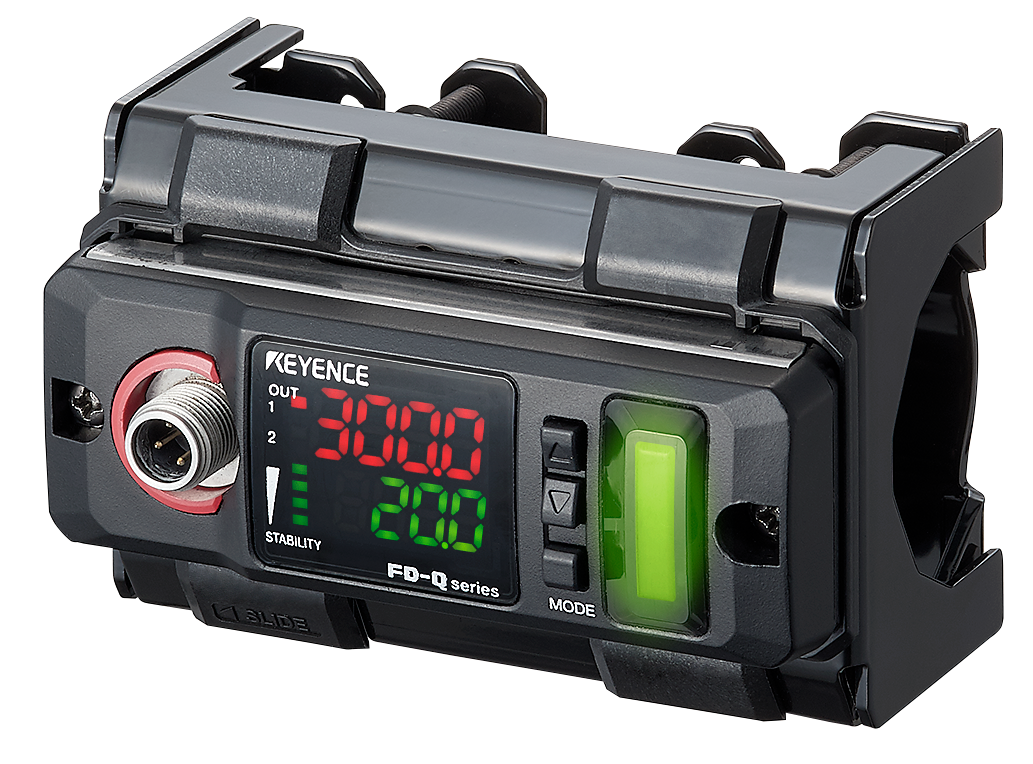 Digital display unit with outputs and buttons, labeled "KEYENCE FD-Q series."