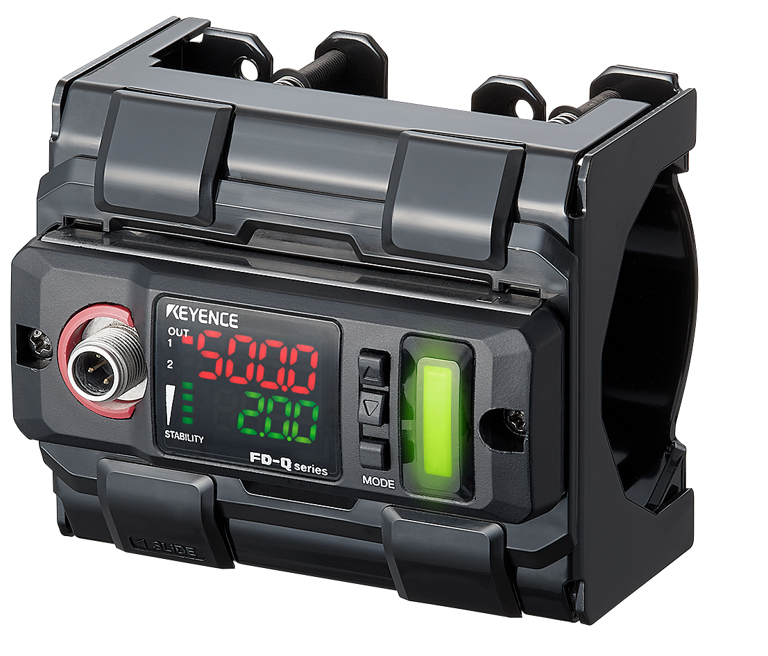 Digital display unit with buttons and outputs, mounted in a black casing.