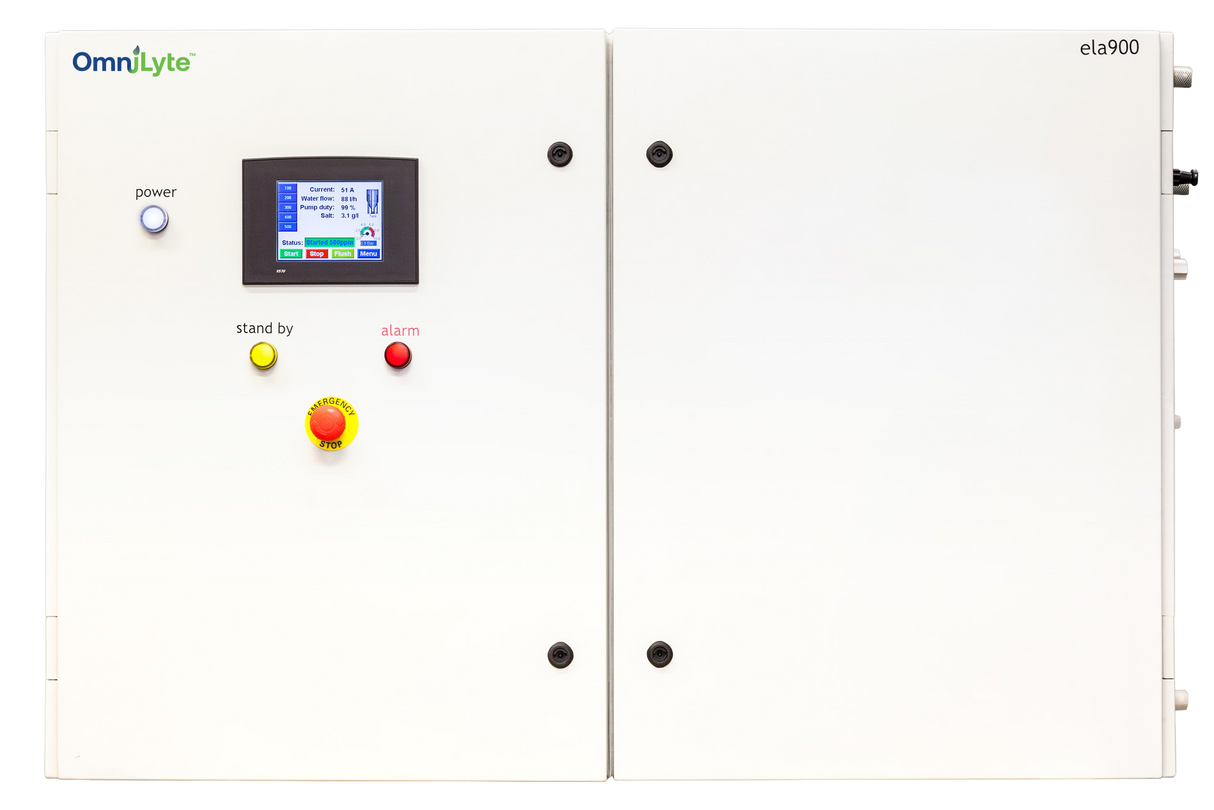 Control panel with a touchscreen display and buttons, labeled for power, standby, alarm, and emergency stop.