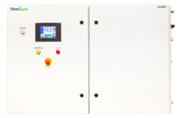 Control panel with a touchscreen display and buttons, labeled for power, standby, alarm, and emergency stop.