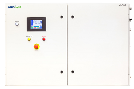 Control panel with a touchscreen display and buttons, labeled for power, standby, alarm, and emergency stop.