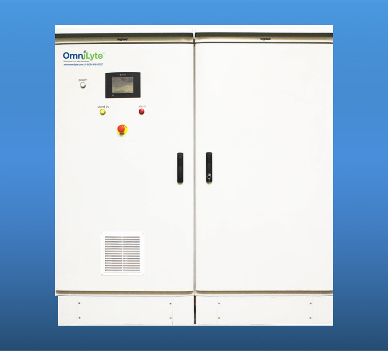 OmniLyte product with control panel, two doors, and various operational buttons on a blue background.