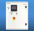 Control panel with digital display and emergency stop button.