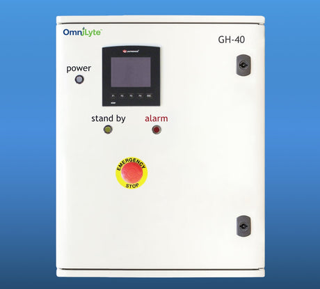 Control panel with digital display and emergency stop button.