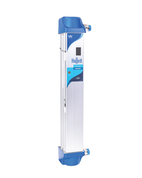 Portable UV water purification system labeled "Hallett 1000DP" with a blue and silver design.