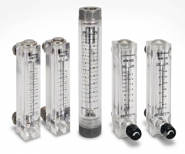 Five clear plastic flow meters with black measurement markings and black fittings, arranged on a light gray studio background. The set includes different flow meter models, with one central taller meter and four shorter side meters.
