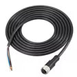 Coiled black cable with exposed wires and a connector.