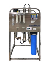 Water filtration system with stainless steel components and a blue filter.