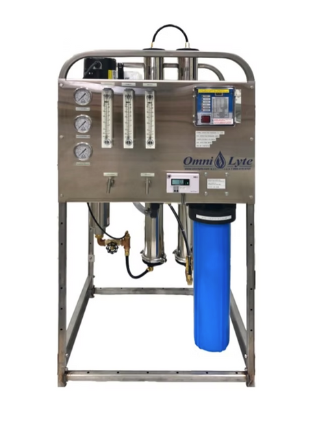 Water filtration system with stainless steel components and a blue filter.