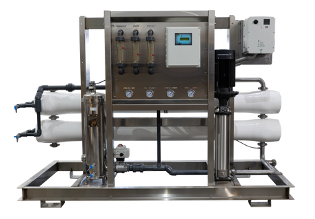Water filtration system with stainless steel frame and multiple pressure gauges.