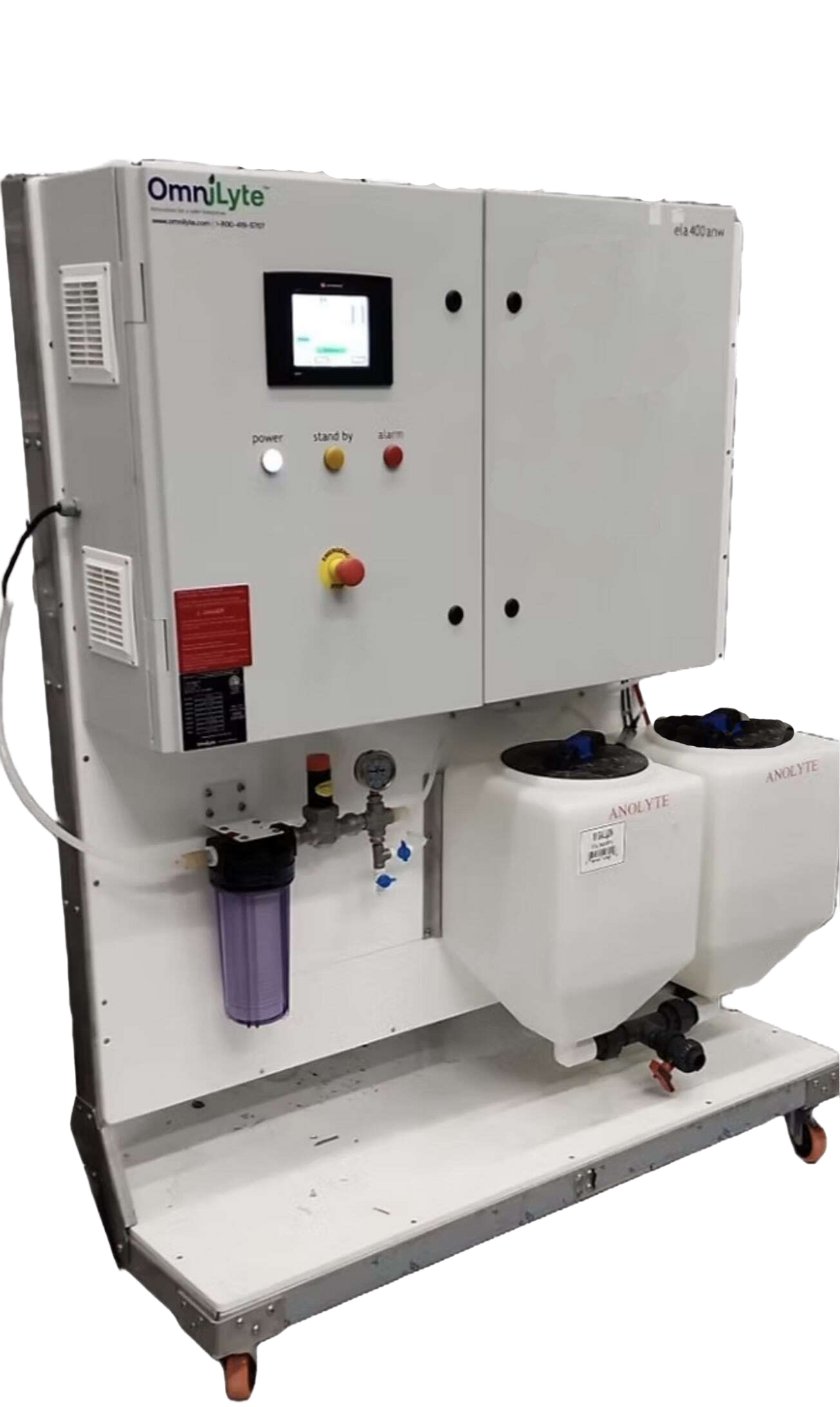 OmniLyte machine with control panel, water filtration system, and two liquid containers.