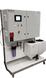 OmniLyte machine with control panel, water filtration system, and two liquid containers.