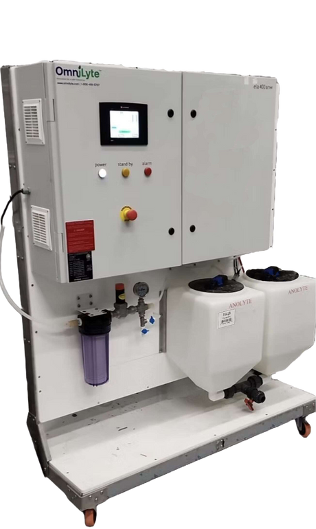 OmniLyte machine with control panel, water filtration system, and two liquid containers.