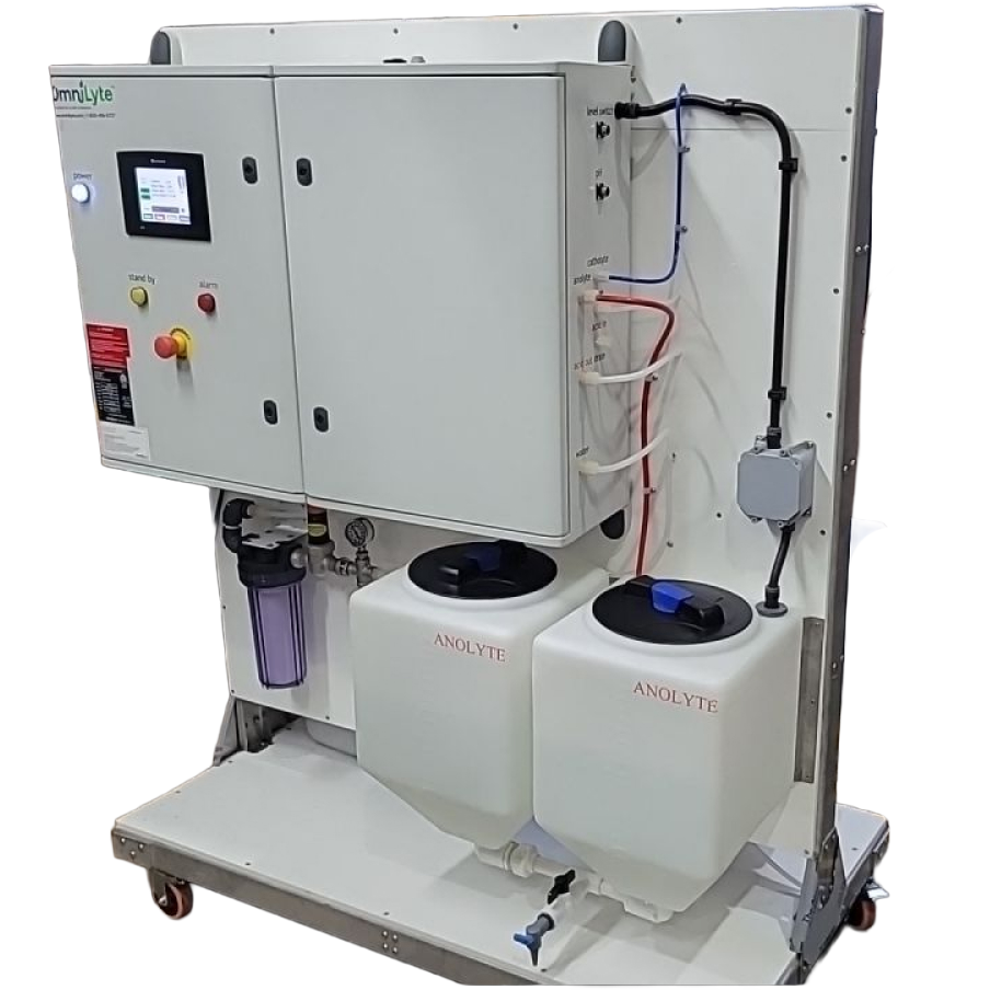 OmniLyte machine with control panel and two tanks labeled "ANOLYTE".