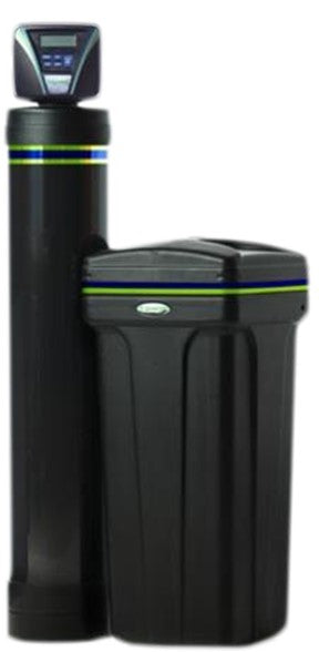 Water softener system with a digital display and a black housing.