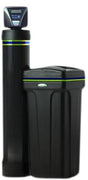 Water softener system with a digital display and a black housing.