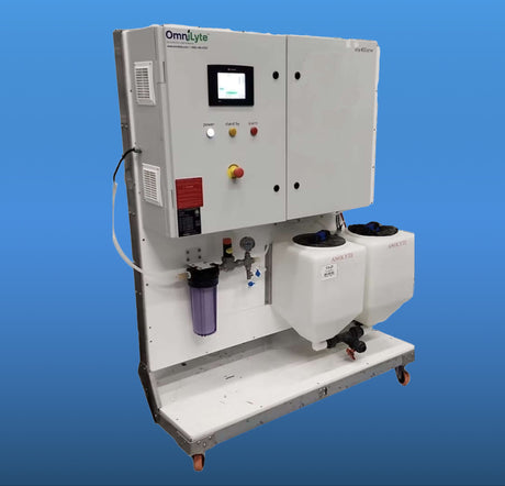 OmniLyte product with a control panel, two tanks, and filtration system.