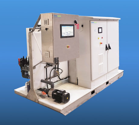 Industrial processing equipment with a touchscreen control panel and various mechanical components.