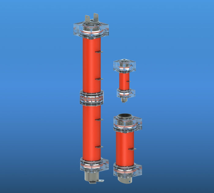 Three cylindrical components with transparent ends and red bodies, displayed against a blue background.