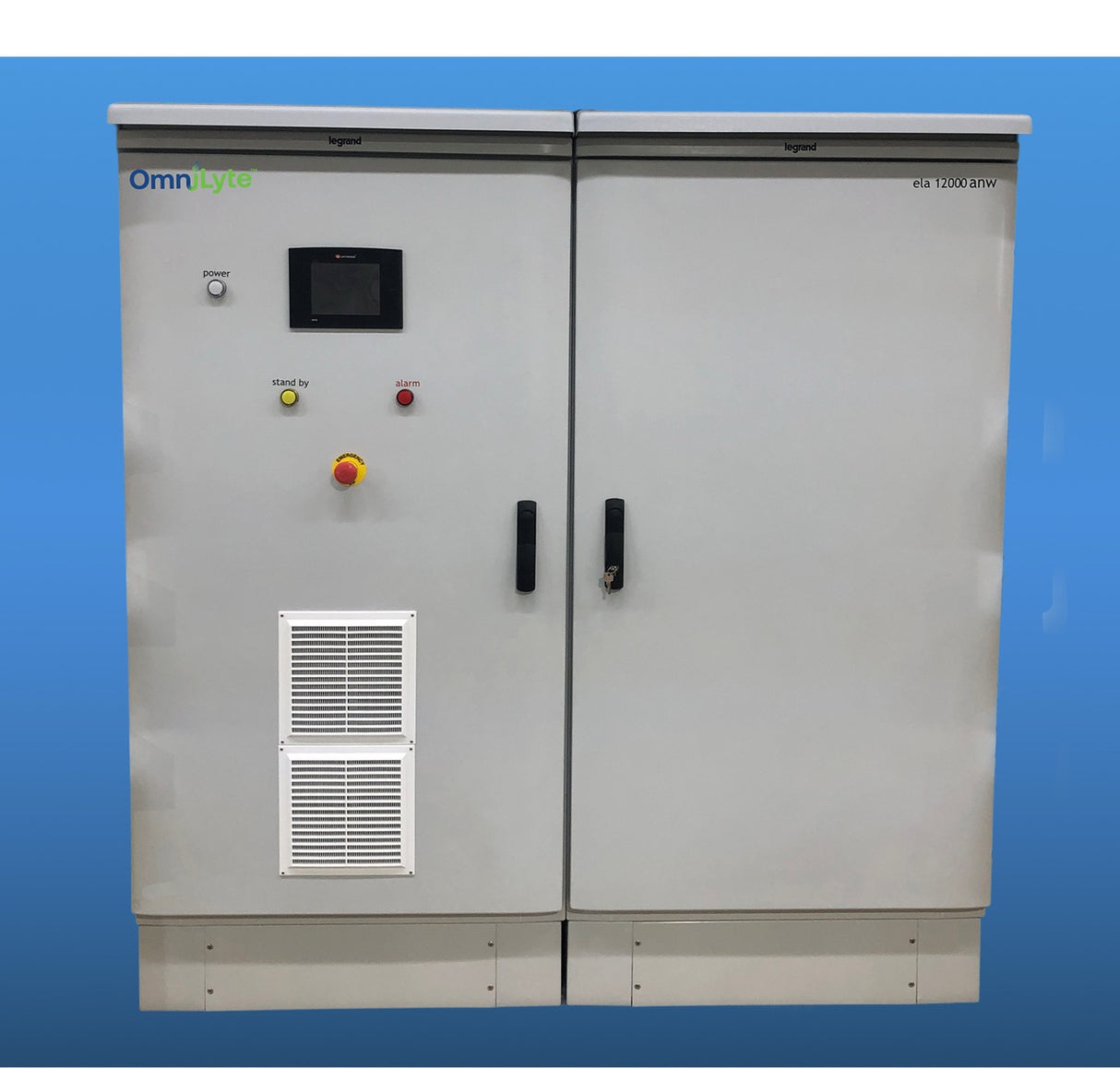 Gray electrical control cabinet with buttons and a display screen.