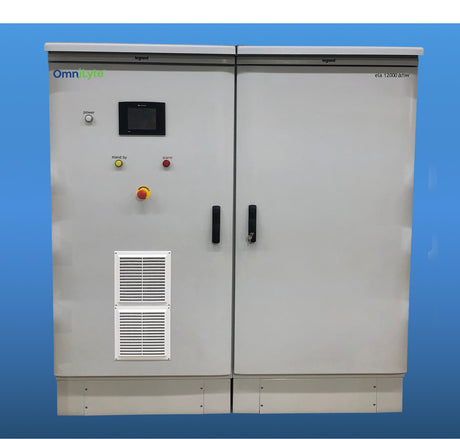 Gray electrical control cabinet with buttons and a display screen.