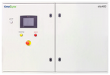 Control panel with emergency stop button, status indicators, and monitor screen.