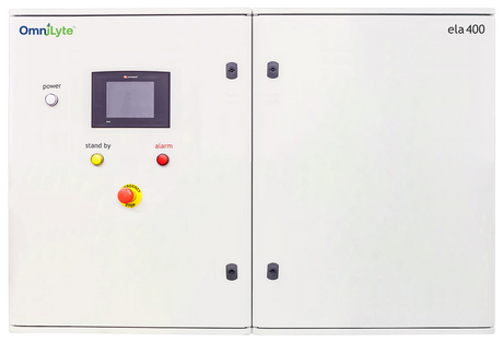 Control panel with emergency stop button, status indicators, and monitor screen.