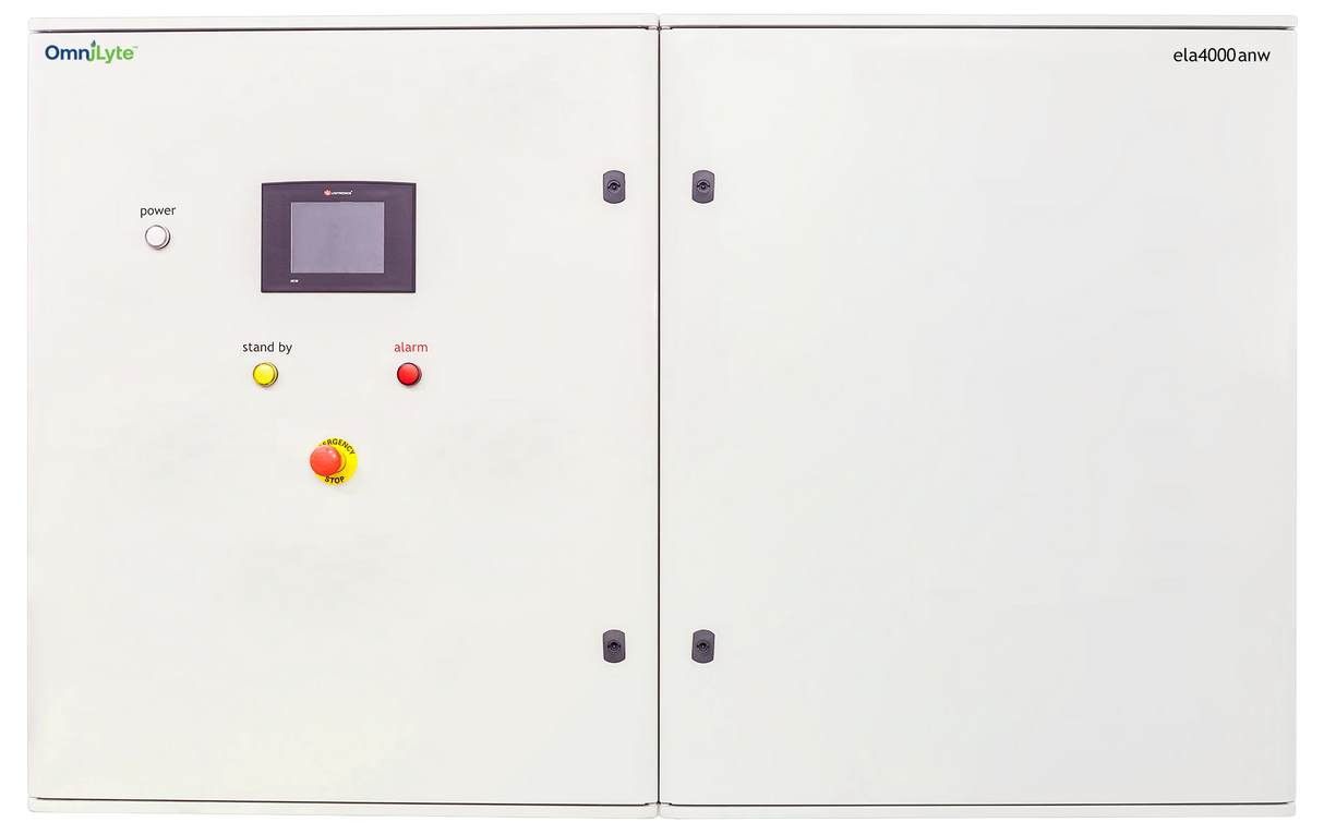 Control panel with a display and buttons for power, standby, and alarm.
