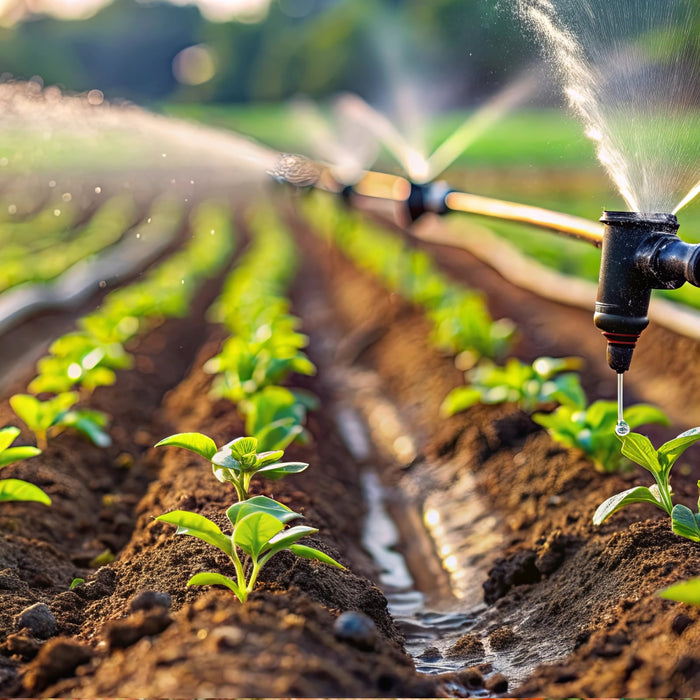 Irrigation system watering young green plants in a field.