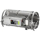 Metallic cylindrical product with a display and perforated design.
