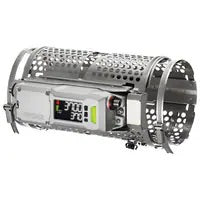 Metallic cylindrical product with a display and perforated design.